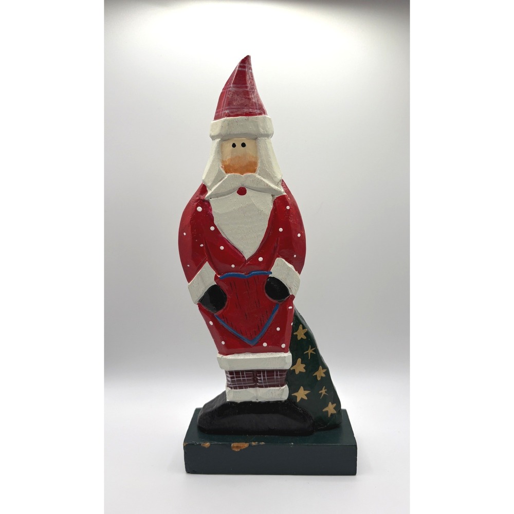 Vintage Midwest of Cannon Falls Folk Art Santa Figurine Resin Faux Wood Heart